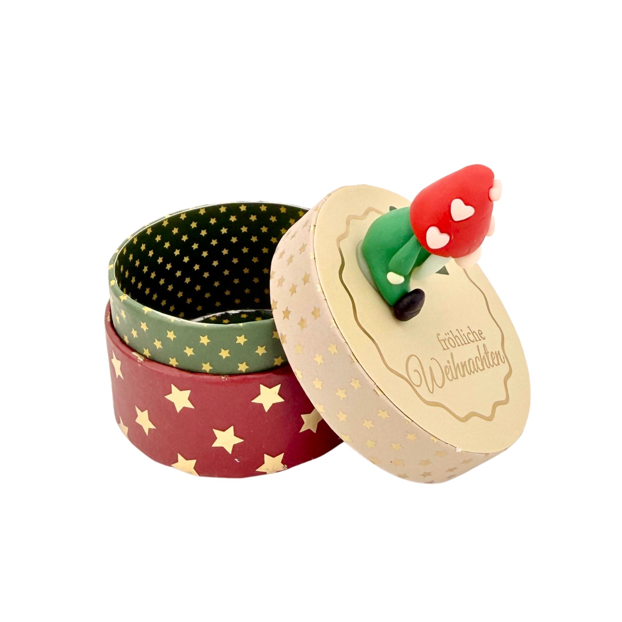 Weihnachtsglücksbringer auf Geschenkschachtel, rund, Fröhliche Weihnachten