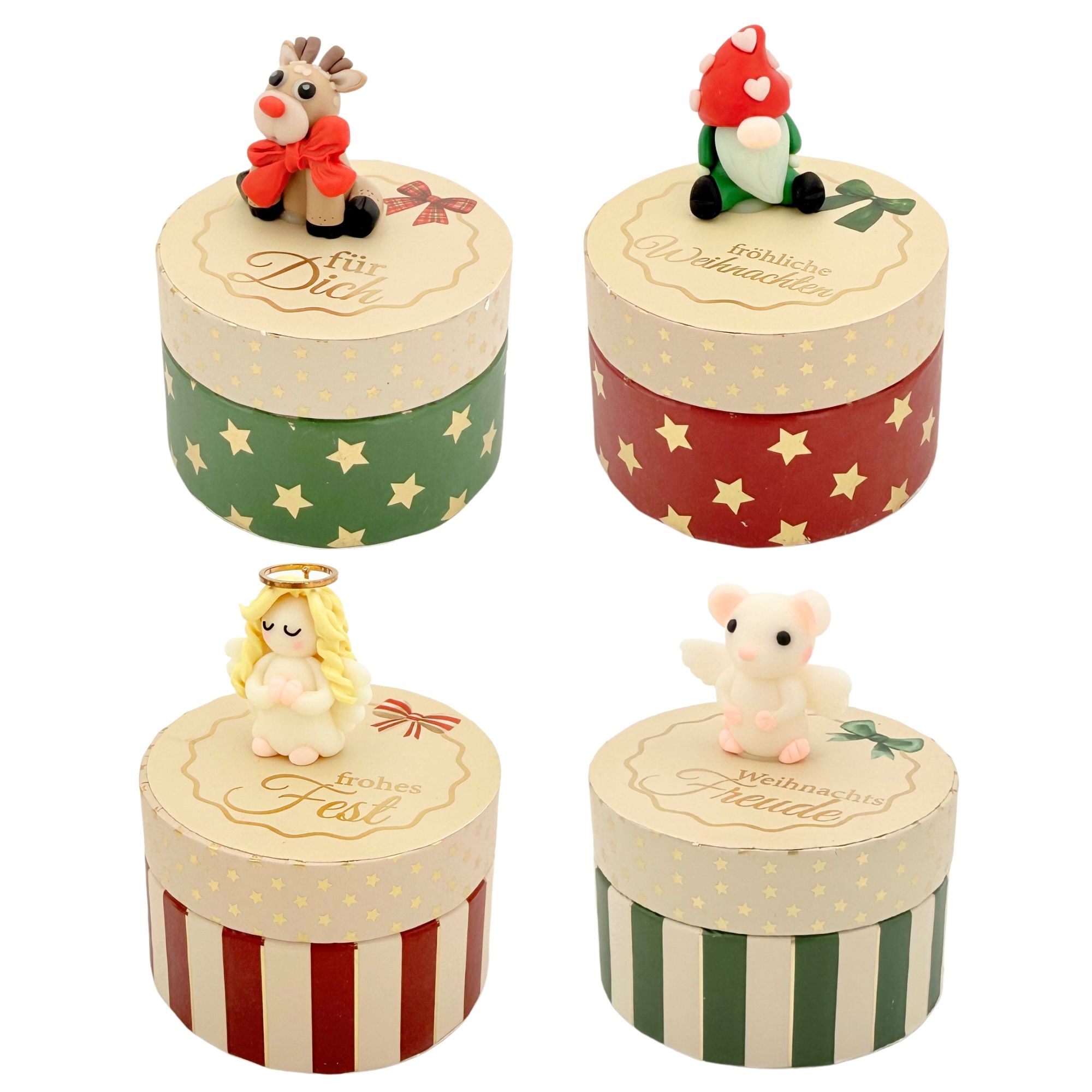 SET Weihnachtsglücksbringer auf Geschenkschachtel, rund, 16 Stk.