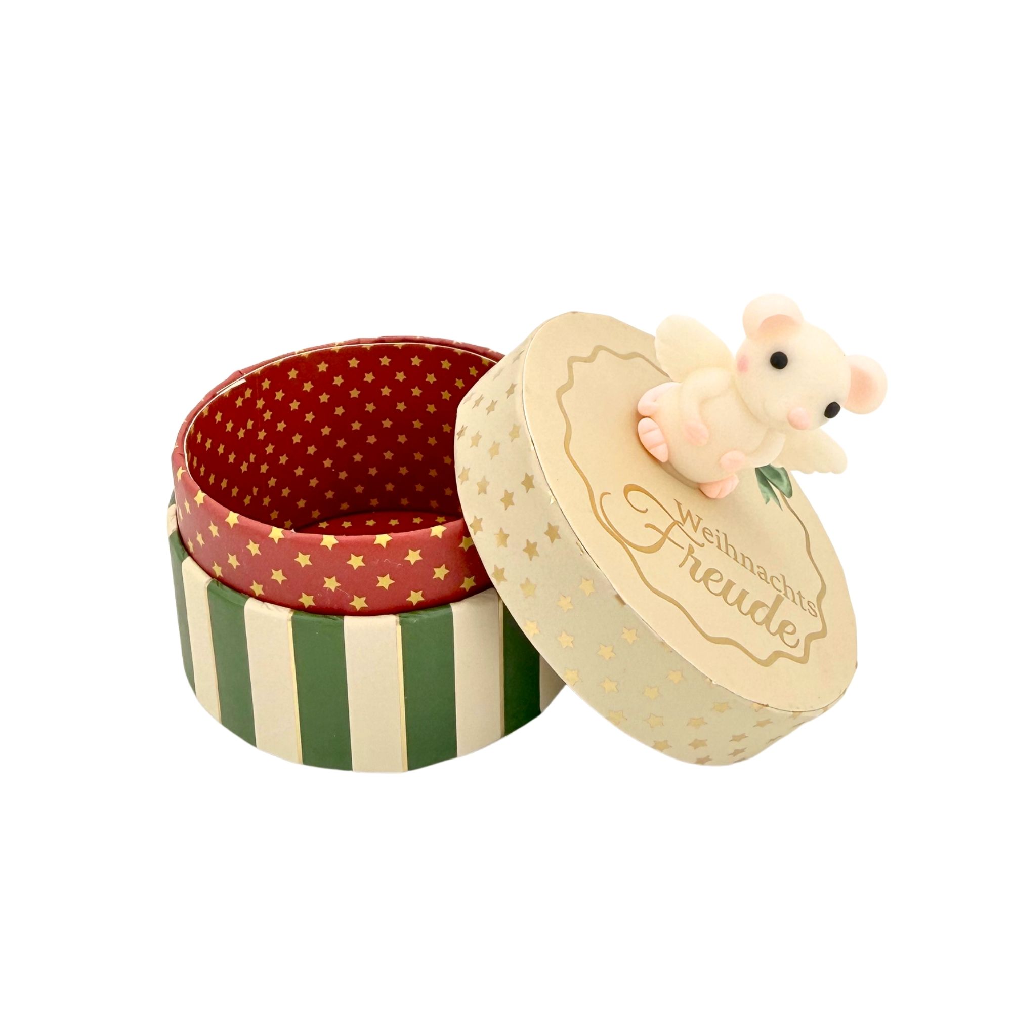 Weihnachtsglücksbringer auf Geschenkschachtel, rund, Weihnachtsfreude